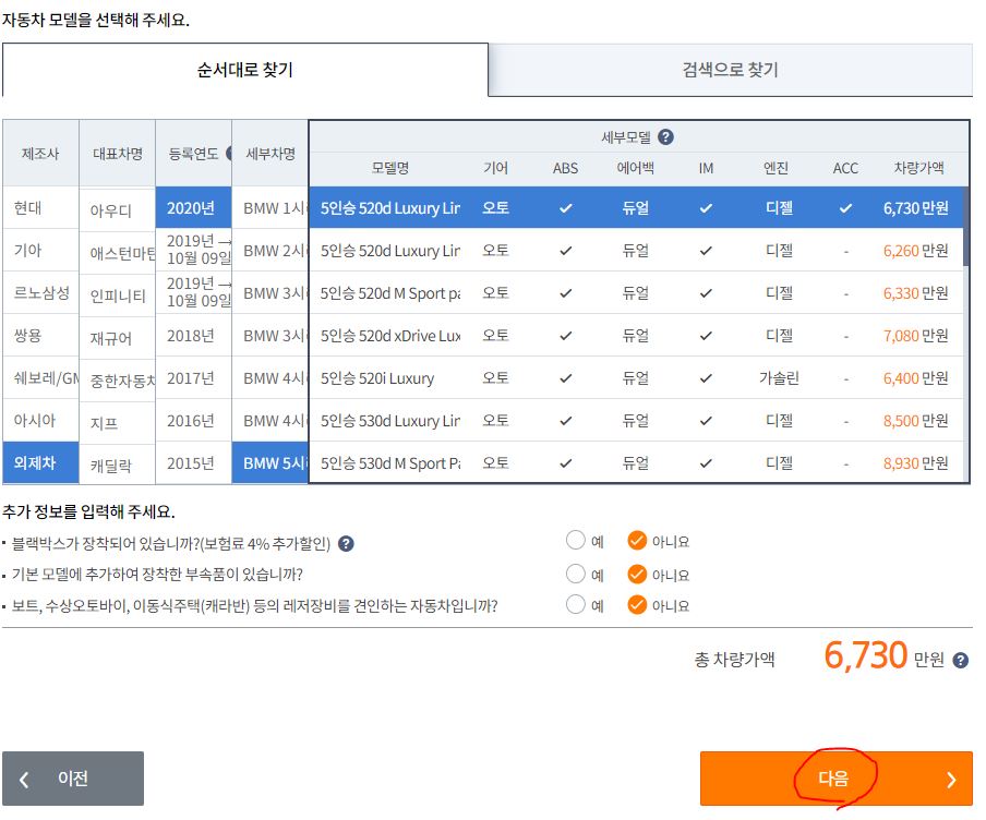 외제차 보험료 알아보기(그린카 퍼스트카 고급차 카마로 캐스퍼 경차 아우디 A6 자동차 보험료)